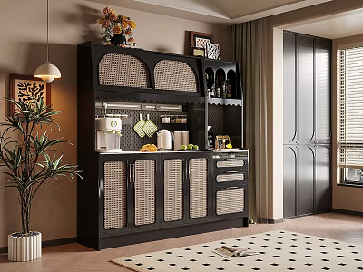 Modern Restaurant Interior With Black Rattan Sideboard Open Shelves Green Plant And Wooden Floor 3d model