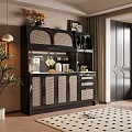 Modern Restaurant Interior With Black Rattan Sideboard Open Shelves Green Plant And Wooden Floor