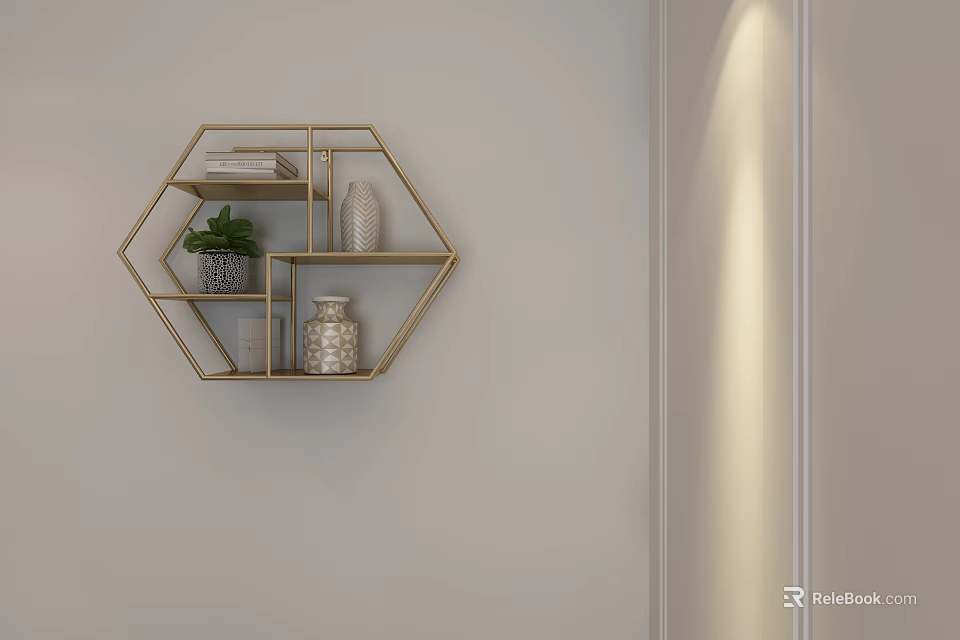 Hexagonal Wall Cabinet With Golden Frame And Decorative Items Books Vases Small Plant 3d model 