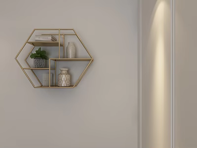 Hexagonal Wall Cabinet With Golden Frame And Decorative Items Books Vases Small Plant 3d model