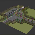 Cartoon Scene with Buildings Roads Trees and Green Lawn Layout Model Design