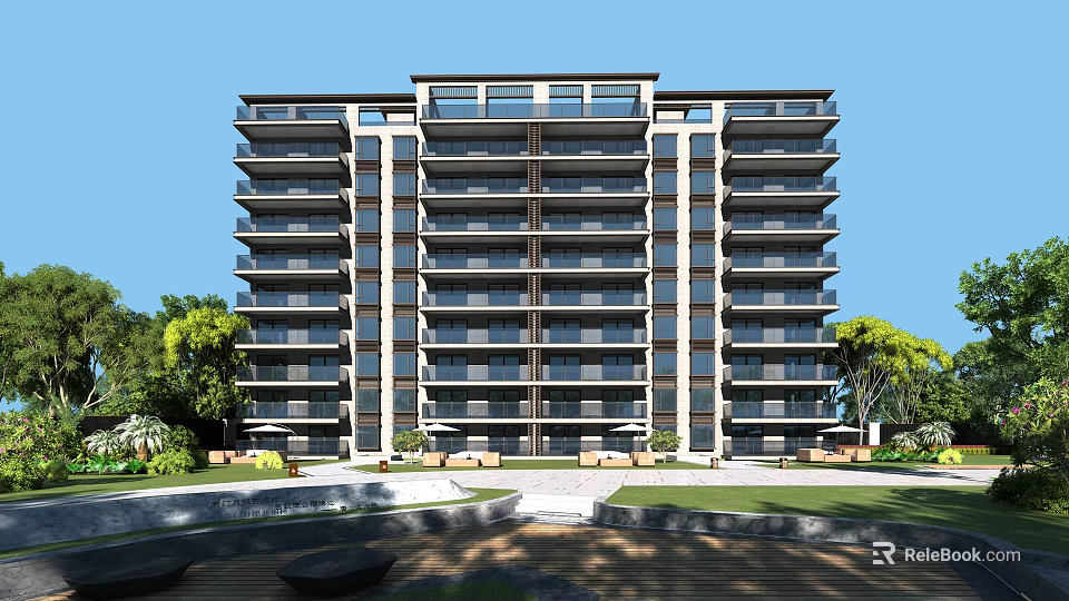 Modern Residential Building With Multiple Floors Balconies Large Windows And Green Courtyard Landscaping 3d model 
