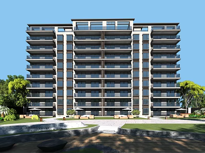 Modern Residential Building With Multiple Floors Balconies Large Windows And Green Courtyard Landscaping 3d model