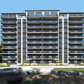 Modern Residential Building With Multiple Floors Balconies Large Windows And Green Courtyard Landscaping