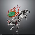 White Mythical Fox With Red Accents Carrying Green Circular Object And Flame Patterns