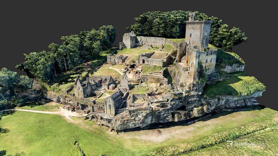 Historic Castle Ruins Garden Landscape With Lush Trees Grassy Terrain And Rocky Outcrops 3d model 