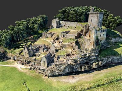 Historic Castle Ruins Garden Landscape With Lush Trees Grassy Terrain And Rocky Outcrops 3d model