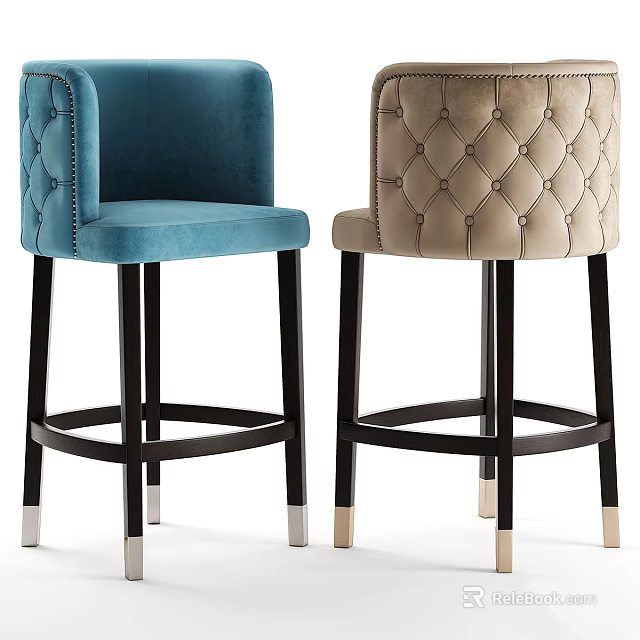 Blue And Beige Velvet Bar Stools With Tufted Diamond Pattern Armrests Black Legs 3d model 