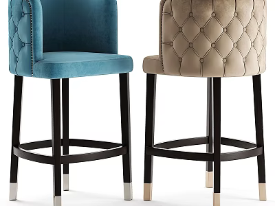 Blue And Beige Velvet Bar Stools With Tufted Diamond Pattern Armrests Black Legs 3d model