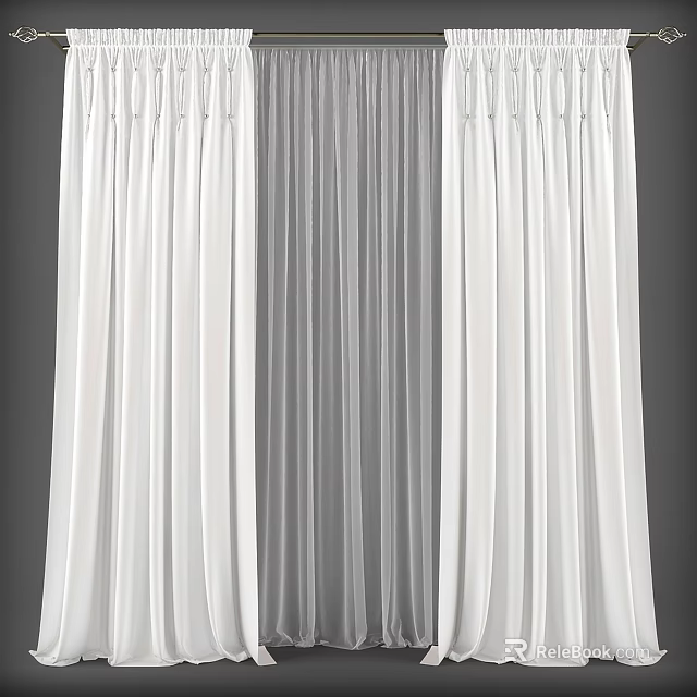 White Double Layer Curtains Sheer And Solid For Modern Home Window 3d model 