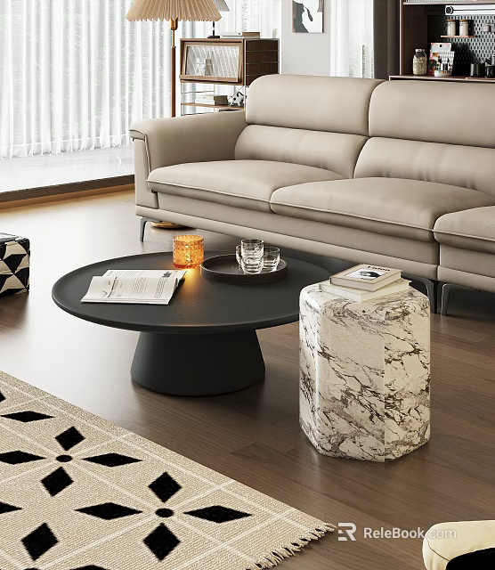 Modern Beige Sofa And Black Coffee Table Set With Marble Side Table Geometric Rug 3d model 