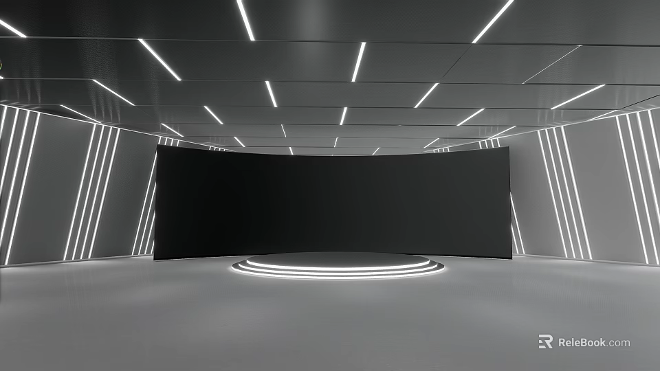 Modern Tech Interior Space With Curved Black Display And White Strip Lighting 3d model 