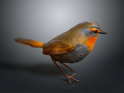 Small Brown Bird with Orange Chest Black Eyes and Pointed Beak Standing on Gray Surface 3d model