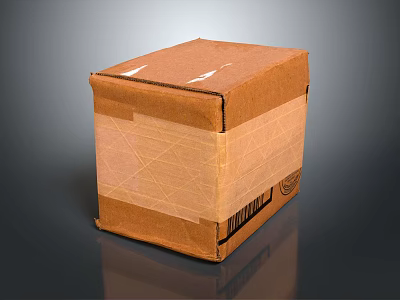 Brown Cardboard Box Wrapped In Clear Tape With Barcode Label For Shipping 3d model