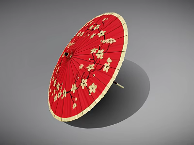 Red Umbrella With White Plum Blossom Patterns And Beige Trim 3d model
