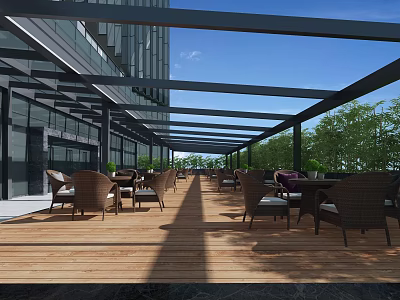 Outdoor Café Wooden Deck With Wicker Tables Chairs Metal Canopy Building And Green Trees 3d model