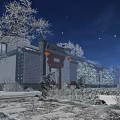 Scenic Snowy Night Courtyard with Chinese Architecture Red Lanterns Full Moon and Starry Sky