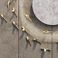 Modern Elegant Gray Wall Background with Golden Flying Birds and Circular Decorative Design