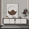Modern TV Cabinet With White Doors Decorative Painting Vase Books And Carpet On Floor