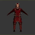 Red Samurai Armor With Gold Accents And Horned Helmet In Standing Pose