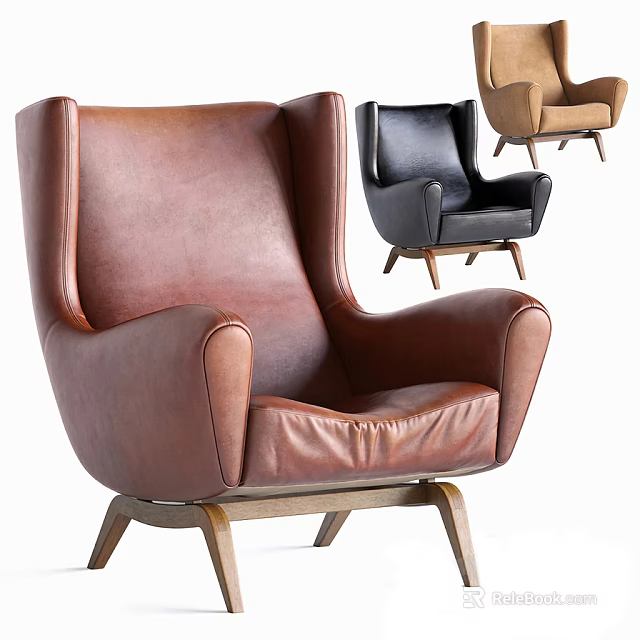 Stylish Brown Leather Single Sofa With Modern Design Wooden Legs And Color Options 3d model 