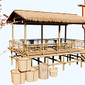 Rural Landscape Featuring Thatched Roof Bamboo Pavilion Wooden Platform And Apricot Blossom Village Banner