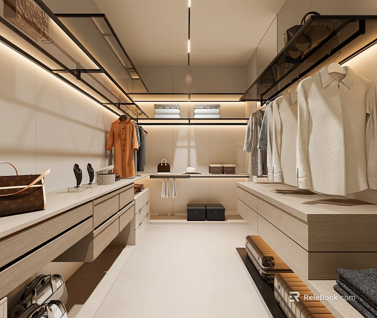 Modern Walk in Closet With Organized Storage Lighting And Clothing 3d model 