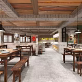 Chinese Style Hotpot Restaurant Interior With Wooden Tables Benches Hanging Lights And Traditional Wall Decorations