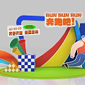 Colorful Running Themed Photo Spot with Rainbow Arch Cartoon Runner and Checkered Blocks