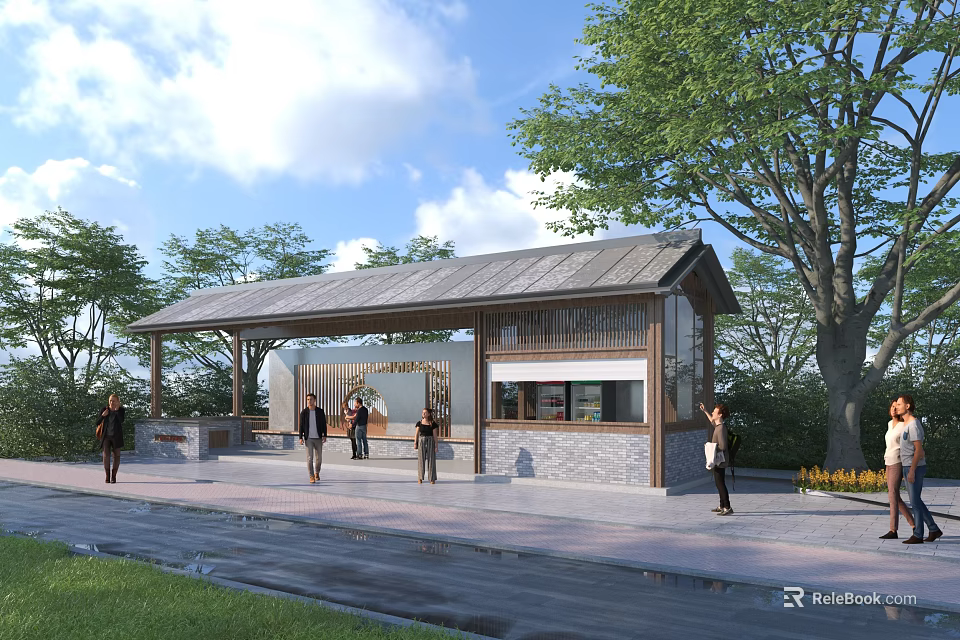 Traditional Roofed Post Station With Wooden Structure Trees Around And People Nearby Service Windows 3d model 
