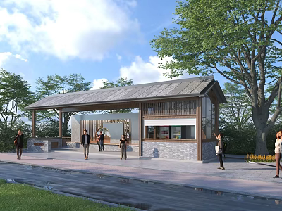 Traditional Roofed Post Station With Wooden Structure Trees Around And People Nearby Service Windows 3d model