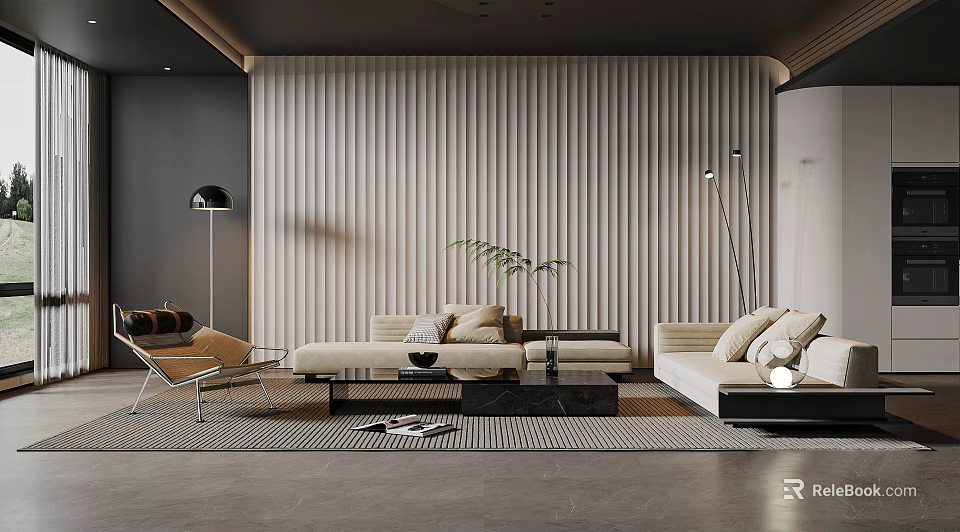Modern Living Room With Vertical Striped Wall Sofa Coffee Table And Floor Lamp 3d model 