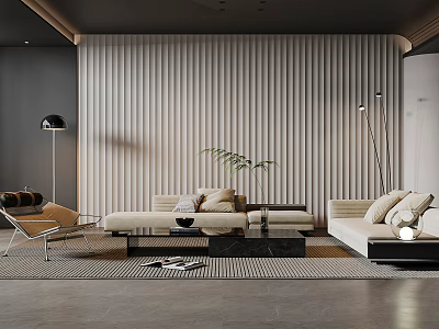 Modern Living Room With Vertical Striped Wall Sofa Coffee Table And Floor Lamp 3d model