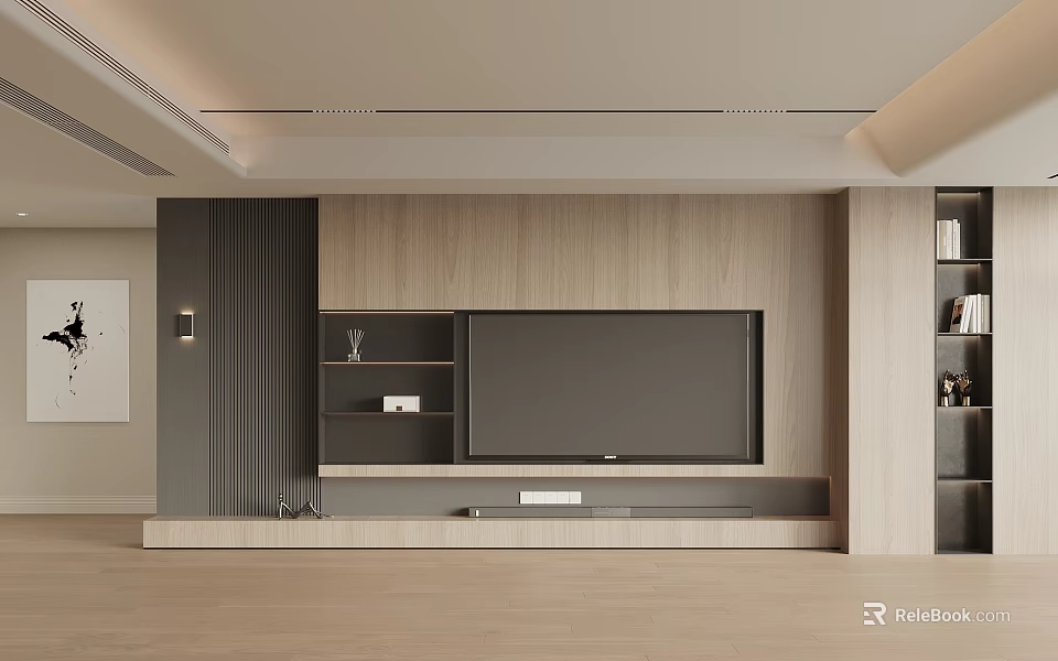 Modern Living Room Interior Design With Wooden TV Wall And Minimalist Decor 3d model 