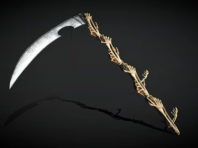 Elegant Scythe Design With Silver Blade And Golden Skeletal Hand Handle On Black Background 3d model