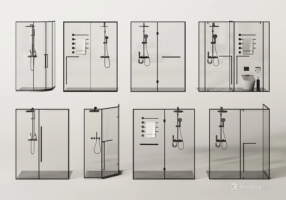 Modern Shower Enclosure Designs Featuring Various Glass Door Structures and Functional Layouts 3d model