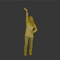 Woman Wearing White Top Blue Jeans Brown Boots Raising Right Hand Against Gray Background