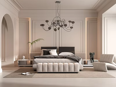 Elegant Modern Bedroom Interior Design With Large Bed Chandelier And Accent Chair 3d model