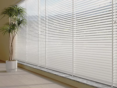 Venetian Blinds Filtering Natural Light Through Large Windows In Modern Room With Potted Plant 3d model