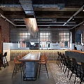 Modern Industrial Bar Interior With Bricked Walls Long Wooden Counter Metallic Stools Patterned Floor Tiles