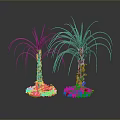 Lush Palm Trees With Glowing Green Moss Base And Reflective Dark Background