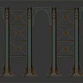 Ornate Teal Metallic Architectural Structure With Geometric Lattice Design And Pillars