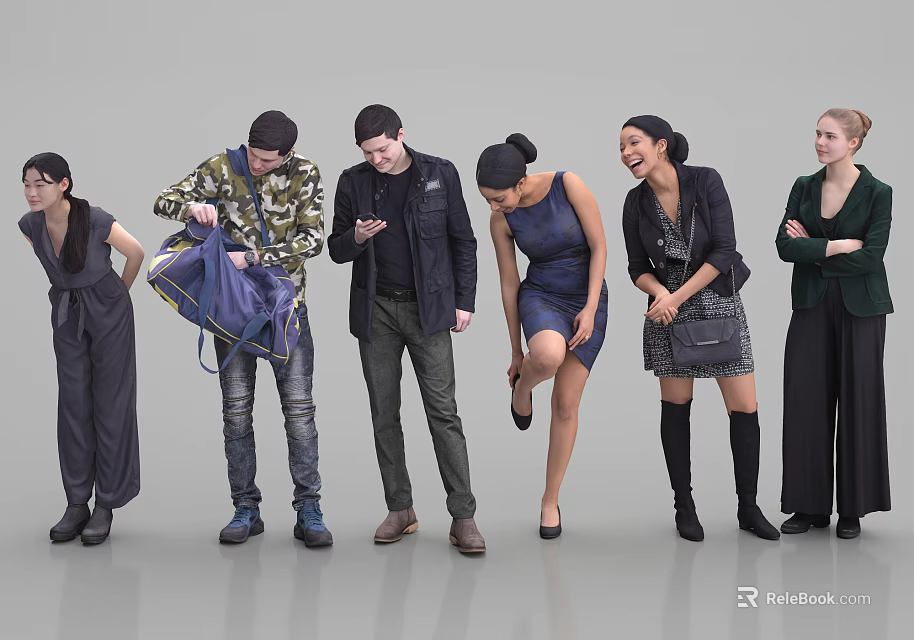 Group of Diverse People Standing in Various Poses Against Gray Backdrop 3d model 