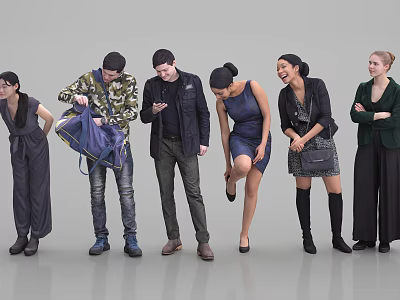 Group of Diverse People Standing in Various Poses Against Gray Backdrop 3d model