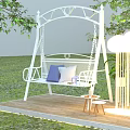 White Metal Frame Swing Chair In Garden With Blue White Cushions And Floor Lamp