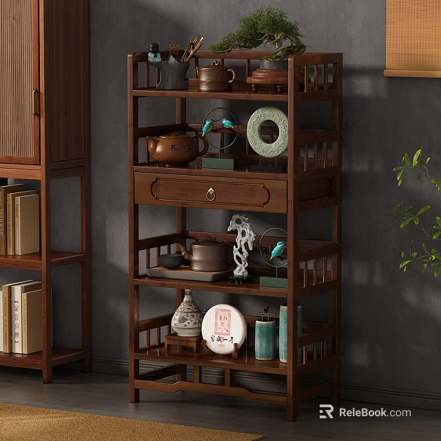 Chinese Antique Wooden Display Shelf With Drawer Teapots Vases And Figurines 3d model 