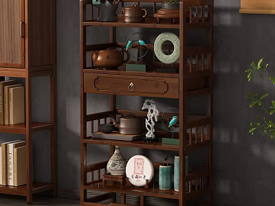 Chinese Antique Wooden Display Shelf With Drawer Teapots Vases And Figurines 3d model