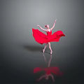 Ballerina Dancing In Red Dress With Flying Skirt Reflection On Gray Background Floor