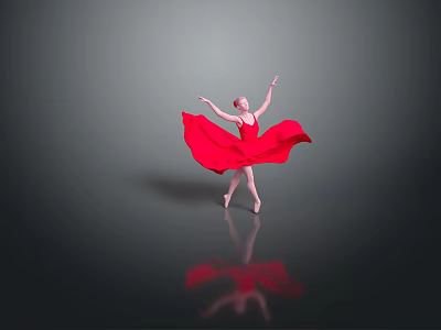 Ballerina Dancing In Red Dress With Flying Skirt Reflection On Gray Background Floor 3d model