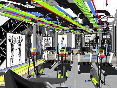 Modern Gym Interior With Fitness Equipment Workout Posters And Colorful Ceiling Pipes 3d model